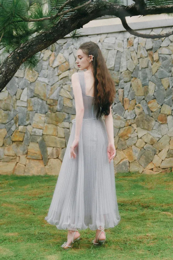 Weitese Dress Light Grey A-line Corset Waist Ankle Length Maxi Dress Sleeveless Elegant Pleated Backless Prom Dress